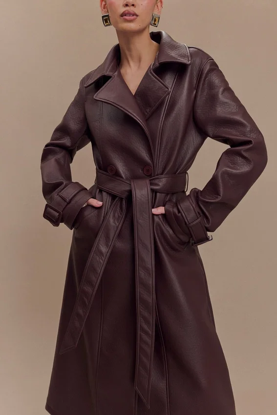 Tarah Faux Leather Trench Coat – Cacao Brown Tarah Faux Leather Trench Coat – Cacao Brown