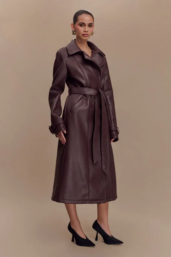 Tarah Faux Leather Trench Coat – Cacao Brown Tarah Faux Leather Trench Coat – Cacao Brown