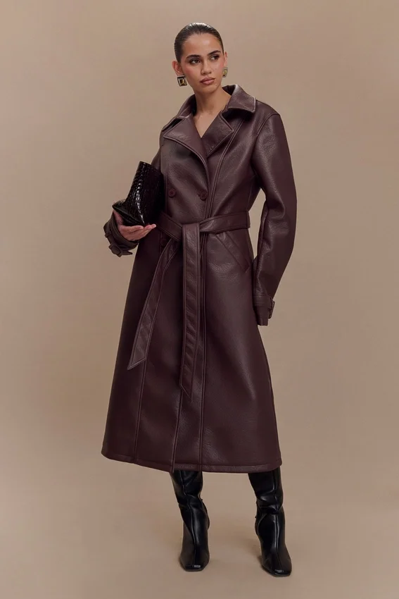 Tarah Faux Leather Trench Coat – Cacao Brown Tarah Faux Leather Trench Coat – Cacao Brown