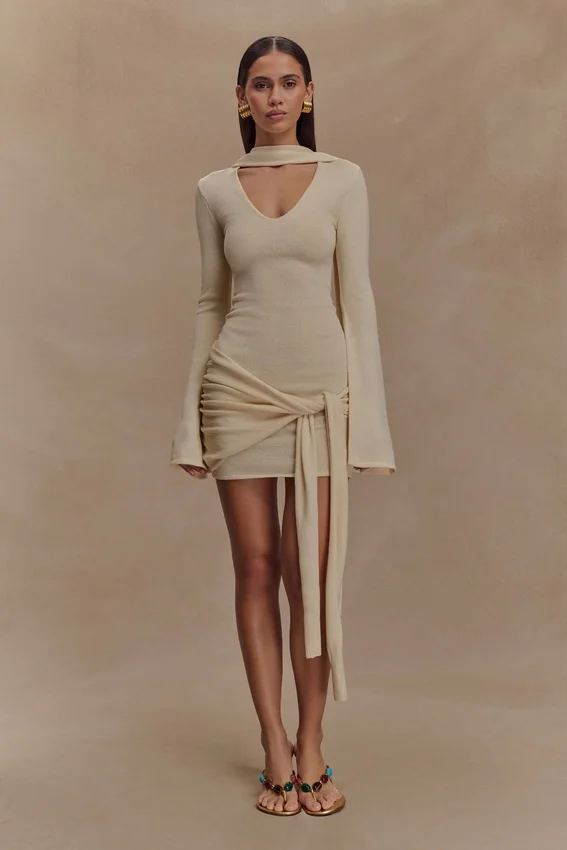 Taron Knit Mini Dress With Scarf – Cream Taron Knit Mini Dress With Scarf – Cream