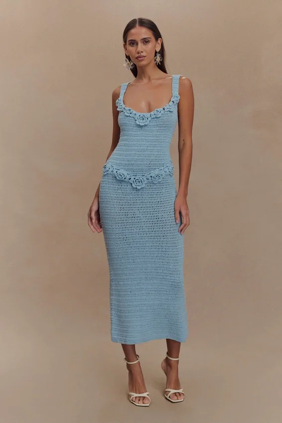 Teagan Floral Hand Crochet Midi Dress – Blue Teagan Floral Hand Crochet Midi Dress – Blue