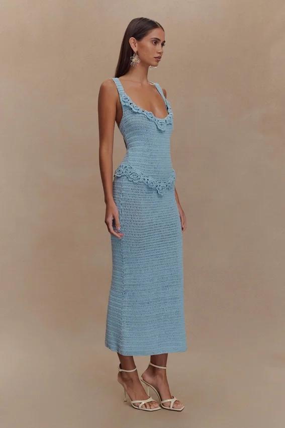 Teagan Floral Hand Crochet Midi Dress – Blue Teagan Floral Hand Crochet Midi Dress – Blue