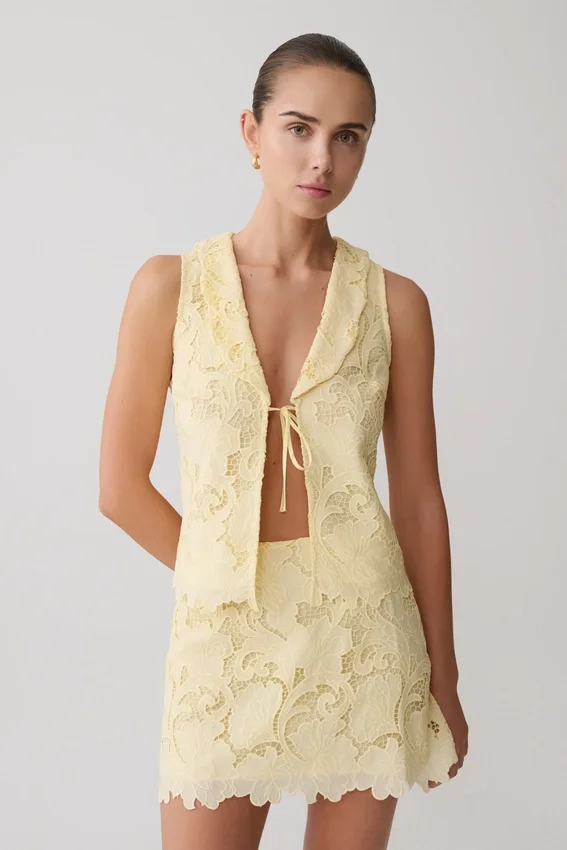 Tessa Broderie Tie Front Sleeveless Top – Lemon Tessa Broderie Tie Front Sleeveless Top – Lemon