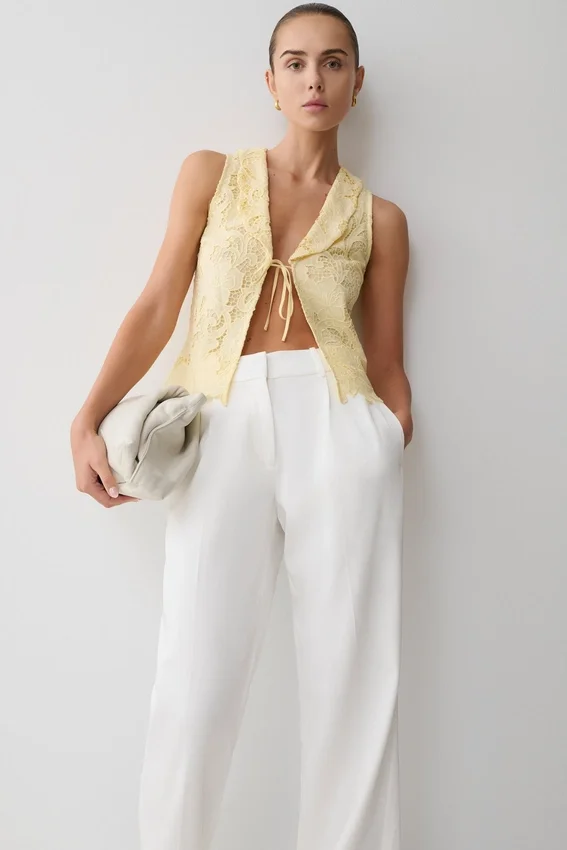 Tessa Broderie Tie Front Sleeveless Top – Lemon Tessa Broderie Tie Front Sleeveless Top – Lemon
