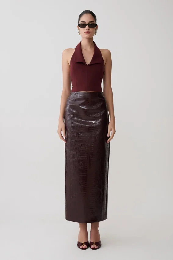 Thalia Croc Faux Leather Midi Skirt – Merlot Thalia Croc Faux Leather Midi Skirt – Merlot