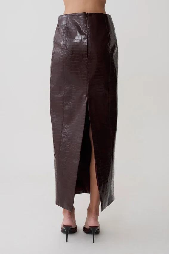 Thalia Croc Faux Leather Midi Skirt – Merlot Thalia Croc Faux Leather Midi Skirt – Merlot