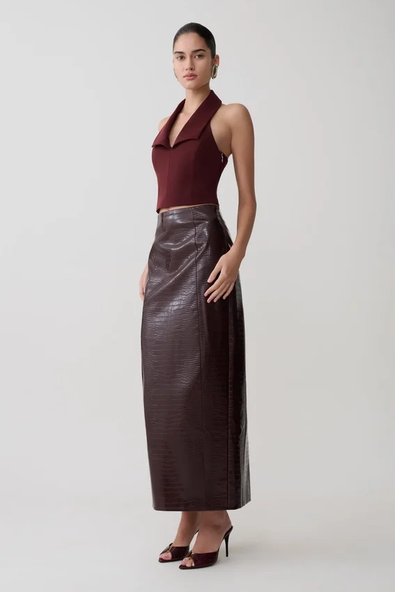 Thalia Croc Faux Leather Midi Skirt – Merlot Thalia Croc Faux Leather Midi Skirt – Merlot