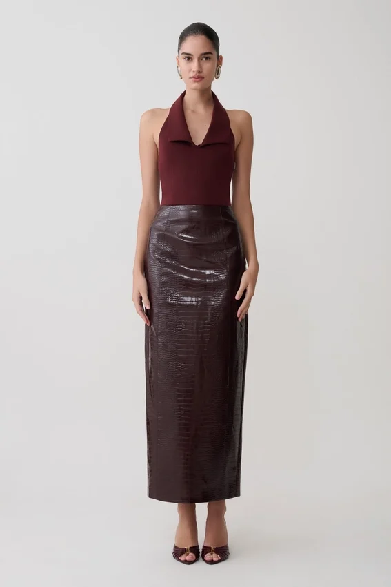 Thalia Croc Faux Leather Midi Skirt – Merlot Thalia Croc Faux Leather Midi Skirt – Merlot