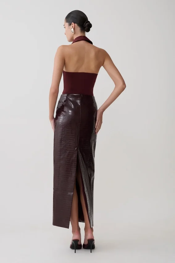 Thalia Croc Faux Leather Midi Skirt – Merlot Thalia Croc Faux Leather Midi Skirt – Merlot