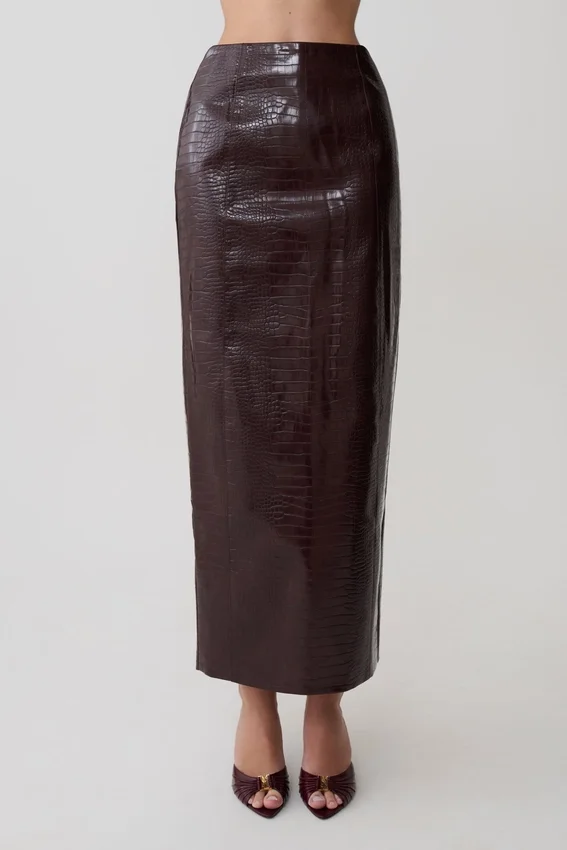 Thalia Croc Faux Leather Midi Skirt – Merlot Thalia Croc Faux Leather Midi Skirt – Merlot