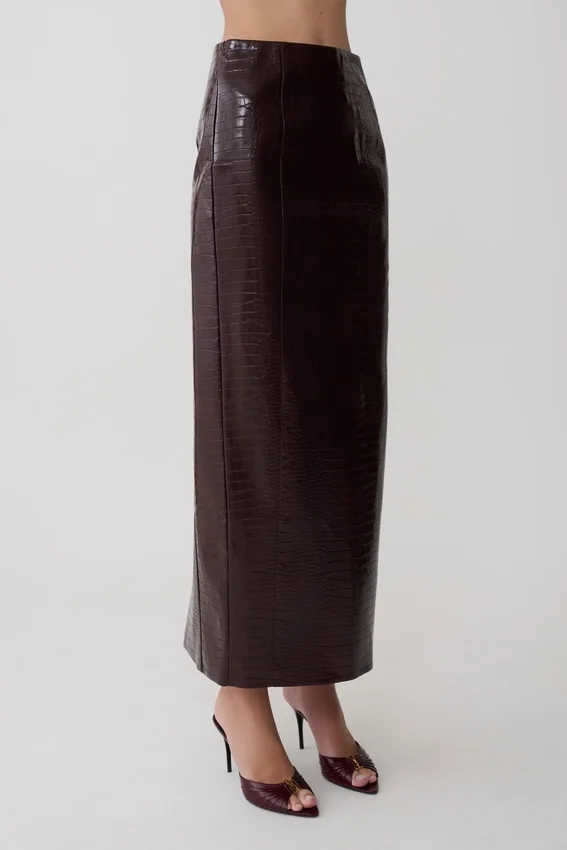 Thalia Croc Faux Leather Midi Skirt – Merlot Thalia Croc Faux Leather Midi Skirt – Merlot