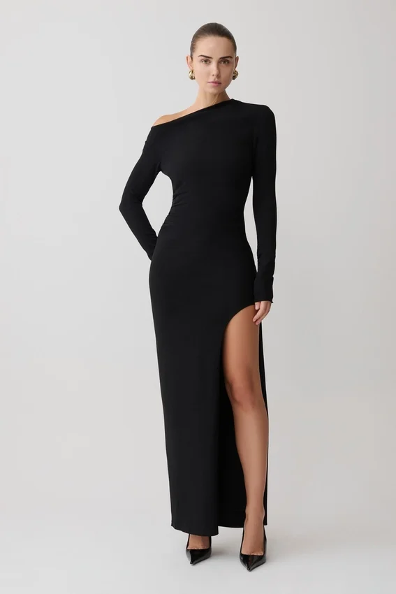 Thalyn Crepe Maxi Dress With Split – Black Thalyn Crepe Maxi Dress With Split – Black