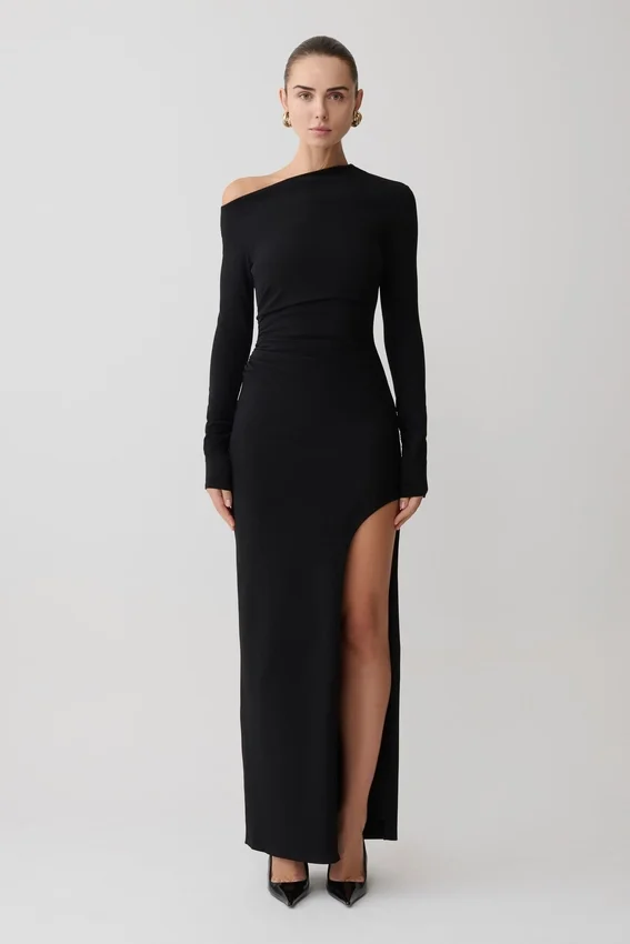 Thalyn Crepe Maxi Dress With Split – Black Thalyn Crepe Maxi Dress With Split – Black