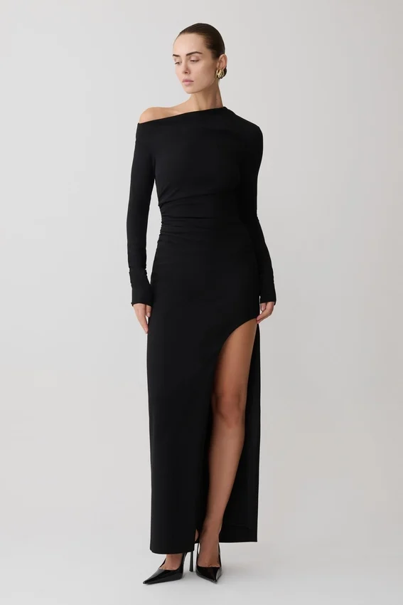 Thalyn Crepe Maxi Dress With Split – Black Thalyn Crepe Maxi Dress With Split – Black