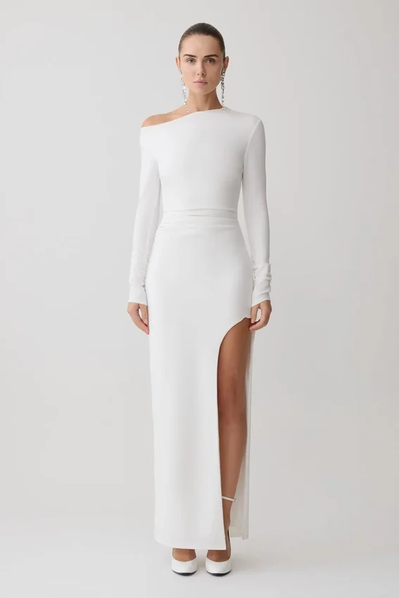 Thalyn Crepe Maxi Dress With Split – White Thalyn Crepe Maxi Dress With Split – White
