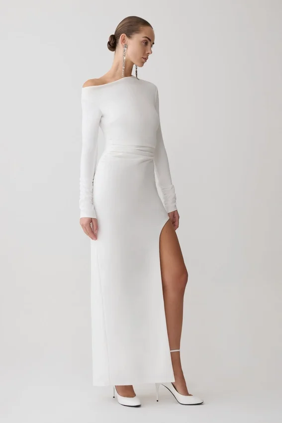 Thalyn Crepe Maxi Dress With Split – White Thalyn Crepe Maxi Dress With Split – White