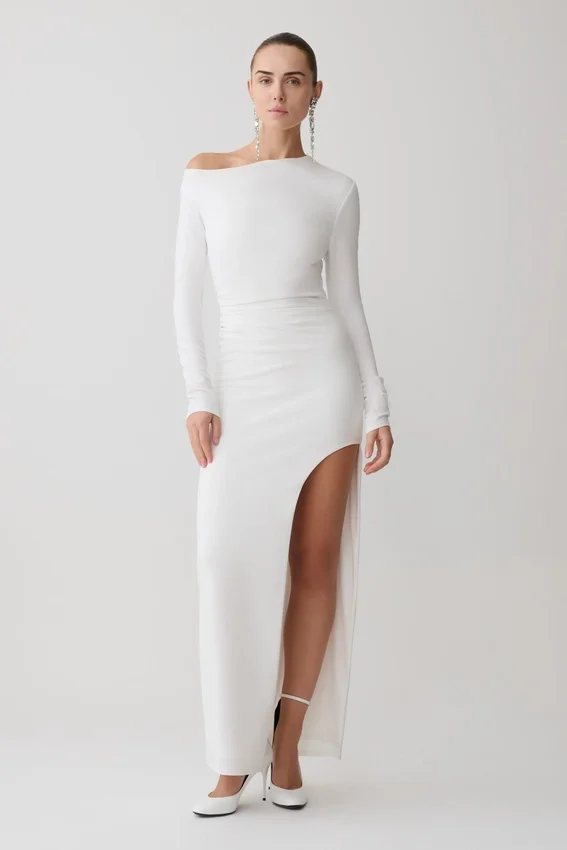 Thalyn Crepe Maxi Dress With Split – White Thalyn Crepe Maxi Dress With Split – White