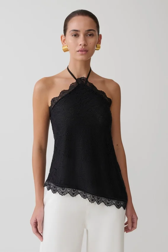 Theodosia Asymmetric Lace Halter Top – Black Theodosia Asymmetric Lace Halter Top – Black