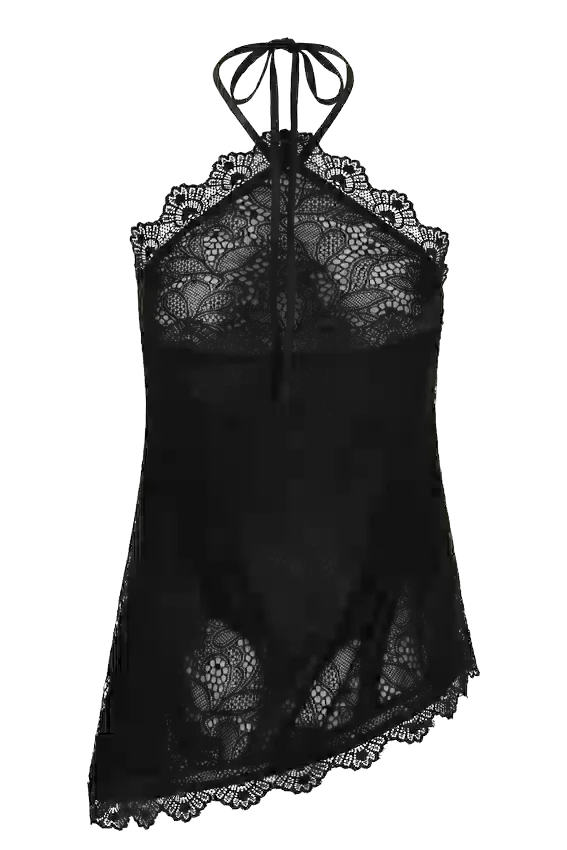 Theodosia Asymmetric Lace Halter Top – Black Theodosia Asymmetric Lace Halter Top – Black