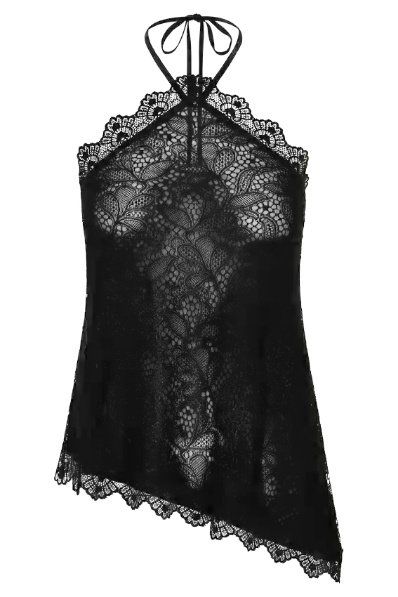Theodosia Asymmetric Lace Halter Top – Black Theodosia Asymmetric Lace Halter Top – Black