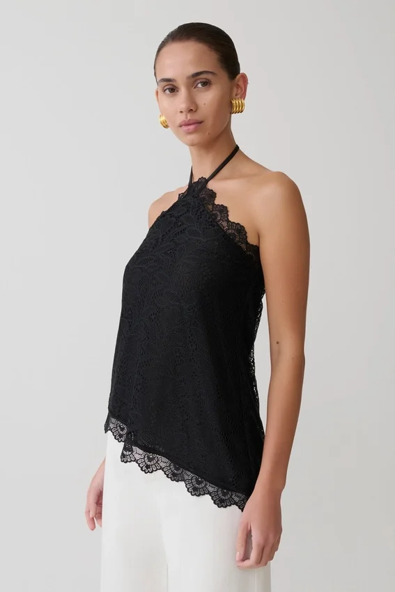 Theodosia Asymmetric Lace Halter Top – Black Theodosia Asymmetric Lace Halter Top – Black