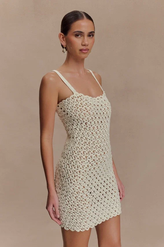 Vanessa Hand Crochet Pearl Mini Dress – Ivory Vanessa Hand Crochet Pearl Mini Dress – Ivory