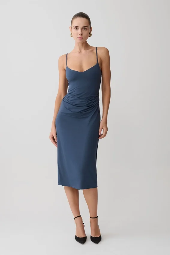 Vina Gathered Jersey Midi Dress – Ink Blue Vina Gathered Jersey Midi Dress – Ink Blue