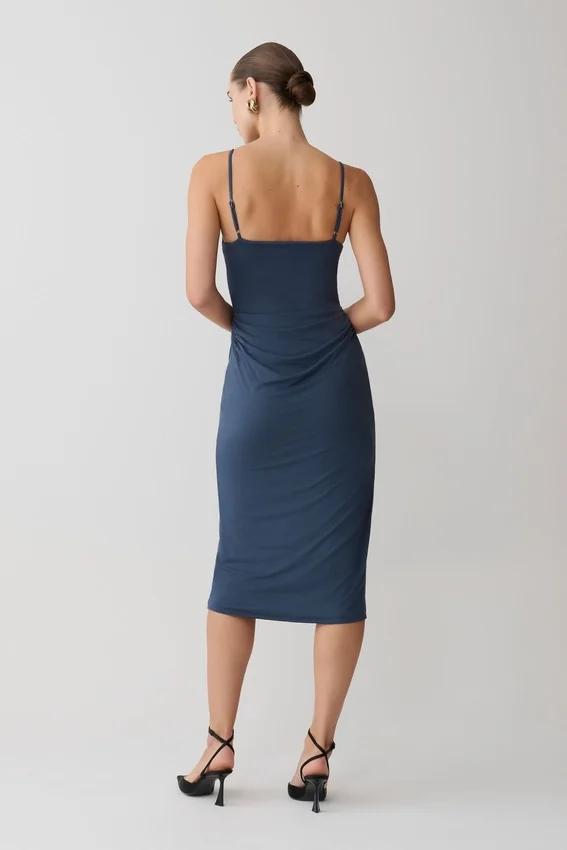 Vina Gathered Jersey Midi Dress – Ink Blue Vina Gathered Jersey Midi Dress – Ink Blue