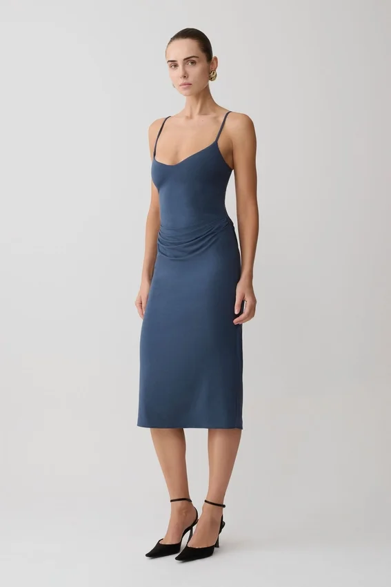 Vina Gathered Jersey Midi Dress – Ink Blue Vina Gathered Jersey Midi Dress – Ink Blue
