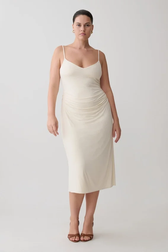 Vina Gathered Jersey Midi Dress – Ivory Vina Gathered Jersey Midi Dress – Ivory