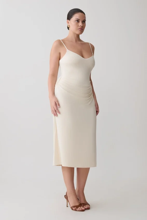 Vina Gathered Jersey Midi Dress – Ivory Vina Gathered Jersey Midi Dress – Ivory
