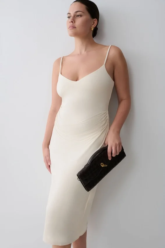 Vina Gathered Jersey Midi Dress – Ivory Vina Gathered Jersey Midi Dress – Ivory