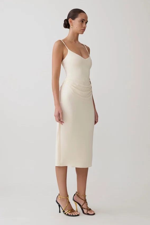 Vina Gathered Jersey Midi Dress – Ivory Vina Gathered Jersey Midi Dress – Ivory