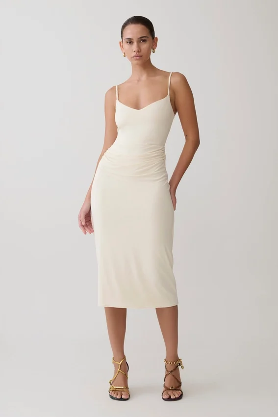 Vina Gathered Jersey Midi Dress – Ivory Vina Gathered Jersey Midi Dress – Ivory