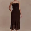 Willa Gathered Mesh Midi Dress – Chocolate Willa Gathered Mesh Midi Dress – Chocolate