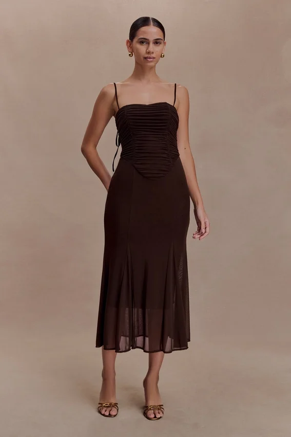 Willa Gathered Mesh Midi Dress – Chocolate Willa Gathered Mesh Midi Dress – Chocolate
