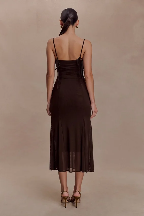 Willa Gathered Mesh Midi Dress – Chocolate Willa Gathered Mesh Midi Dress – Chocolate