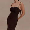 Willa Gathered Mesh Midi Dress – Chocolate Willa Gathered Mesh Midi Dress – Chocolate