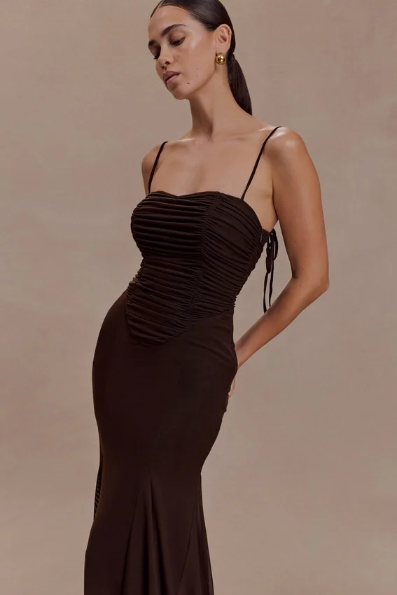 Willa Gathered Mesh Midi Dress – Chocolate Willa Gathered Mesh Midi Dress – Chocolate