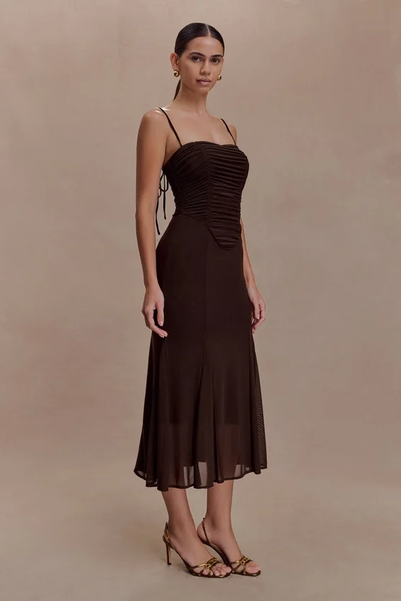 Willa Gathered Mesh Midi Dress – Chocolate Willa Gathered Mesh Midi Dress – Chocolate