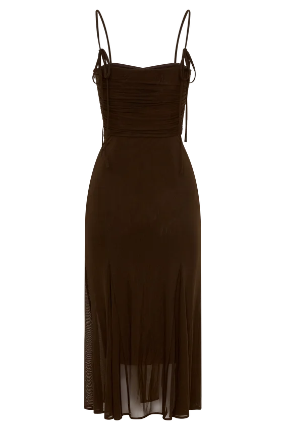 Willa Gathered Mesh Midi Dress – Chocolate Willa Gathered Mesh Midi Dress – Chocolate