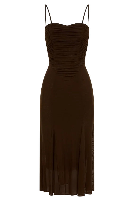 Willa Gathered Mesh Midi Dress – Chocolate Willa Gathered Mesh Midi Dress – Chocolate