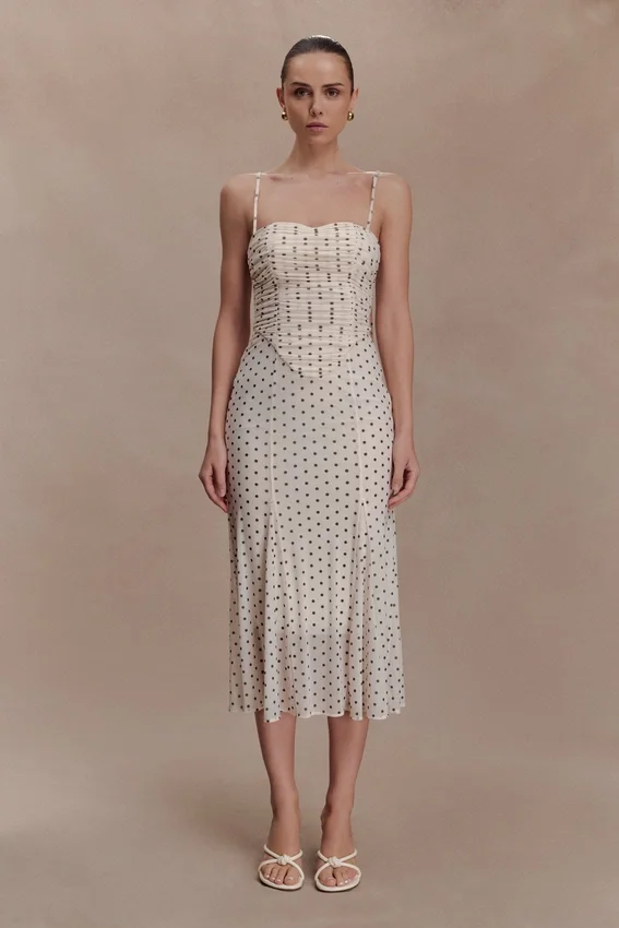 Willa Gathered Mesh Midi Dress – Polka Dot Willa Gathered Mesh Midi Dress – Polka Dot