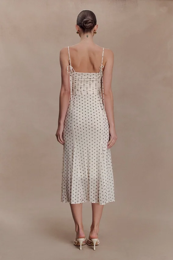 Willa Gathered Mesh Midi Dress – Polka Dot Willa Gathered Mesh Midi Dress – Polka Dot