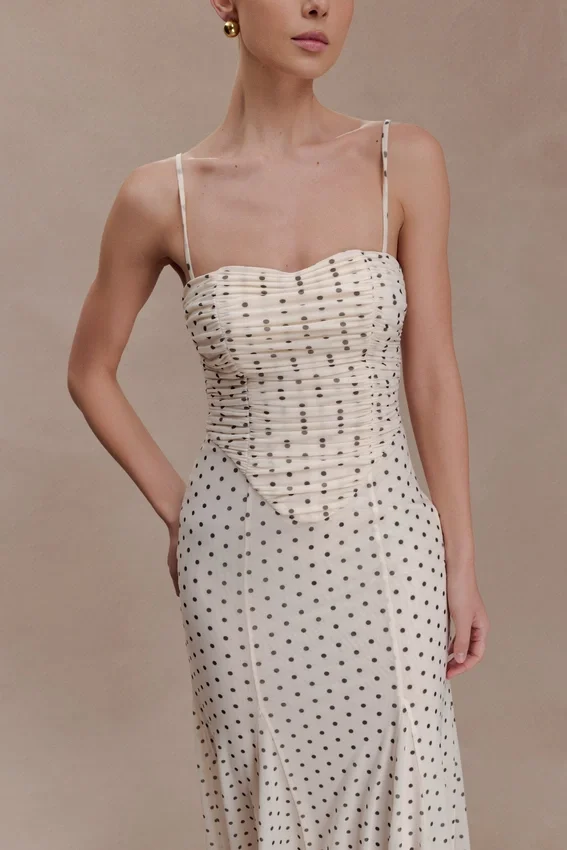 Willa Gathered Mesh Midi Dress – Polka Dot Willa Gathered Mesh Midi Dress – Polka Dot