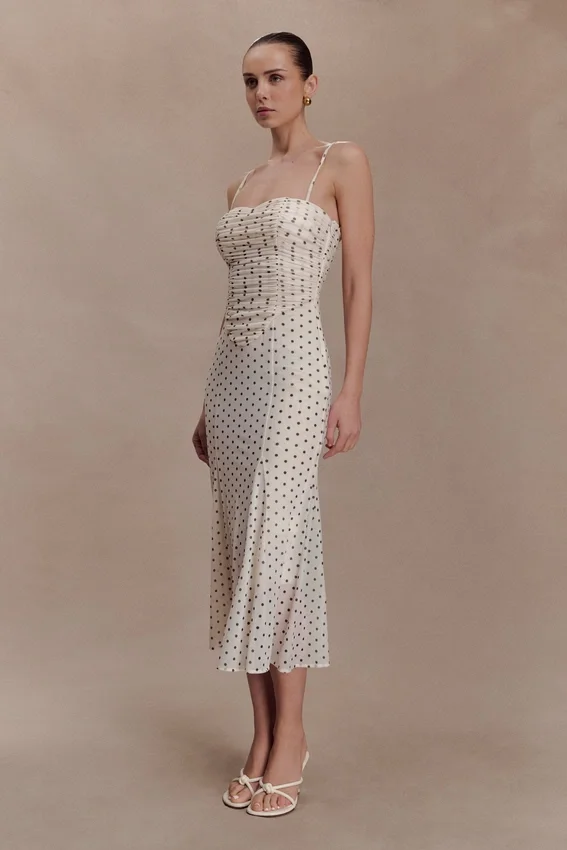 Willa Gathered Mesh Midi Dress – Polka Dot Willa Gathered Mesh Midi Dress – Polka Dot