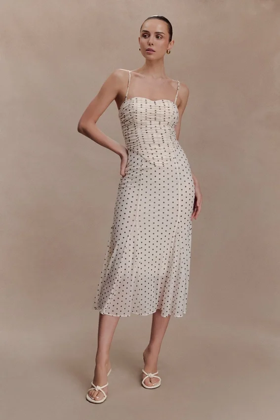 Willa Gathered Mesh Midi Dress – Polka Dot Willa Gathered Mesh Midi Dress – Polka Dot