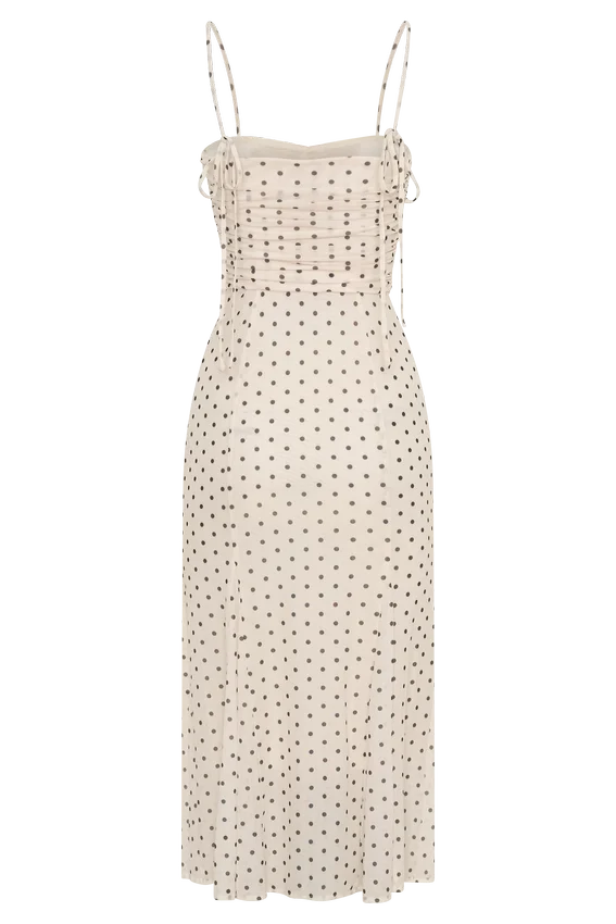 Willa Gathered Mesh Midi Dress – Polka Dot Willa Gathered Mesh Midi Dress – Polka Dot
