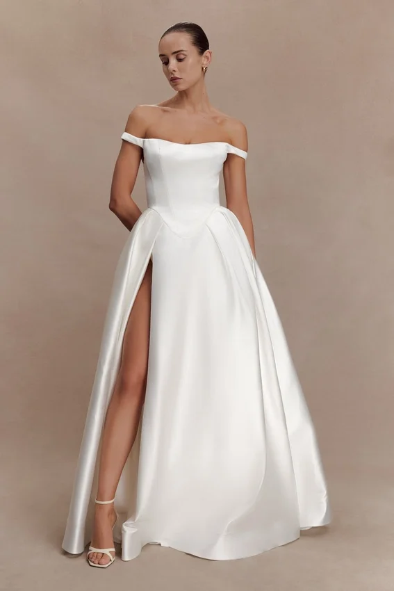 Willow Off Shoulder Satin Maxi Gown – White Willow Off Shoulder Satin Maxi Gown – White