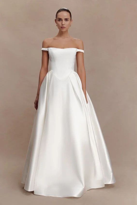 Willow Off Shoulder Satin Maxi Gown – White Willow Off Shoulder Satin Maxi Gown – White